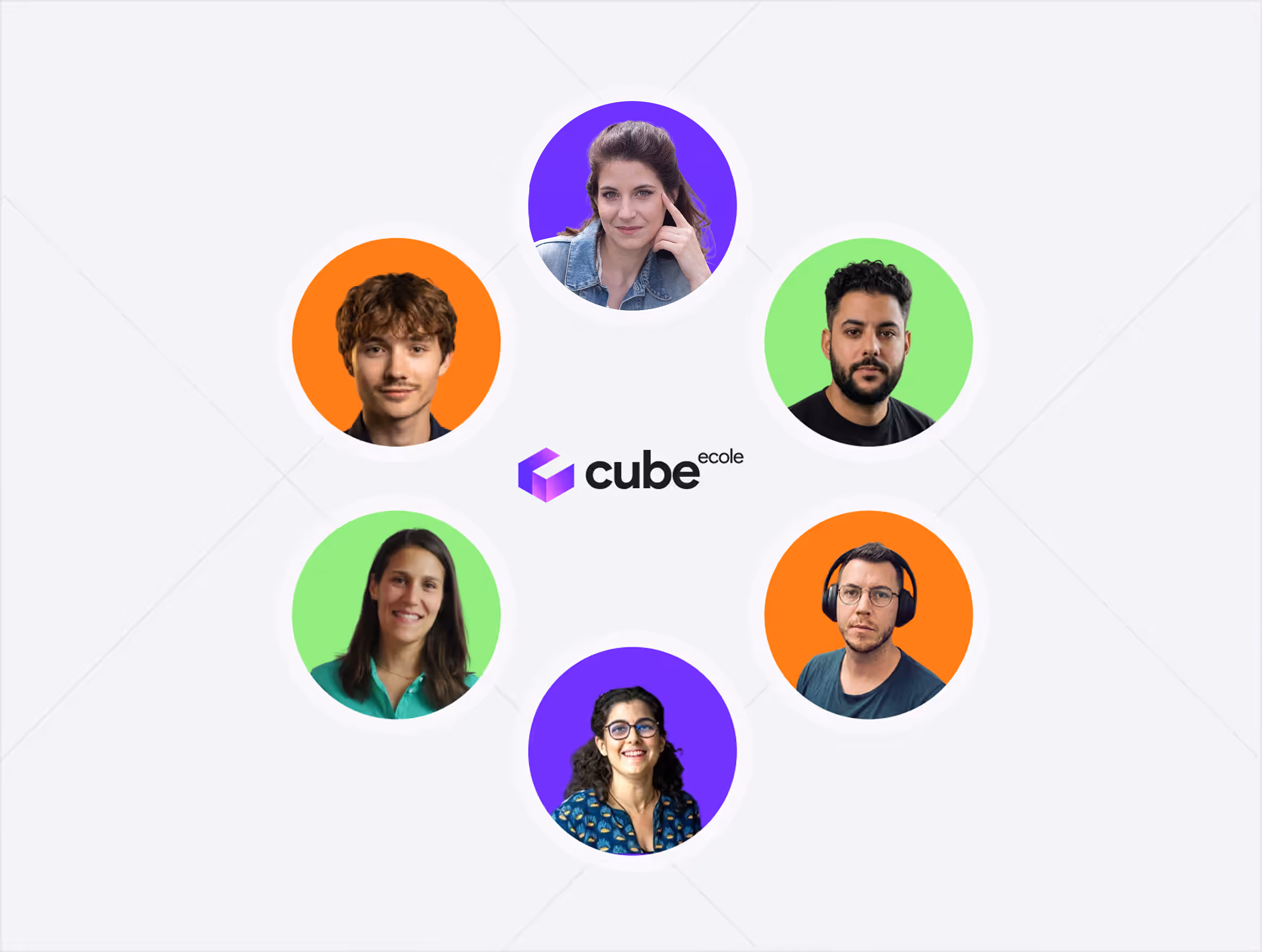Six diverse people in colored circles surrounding the cube ecole logo on a white background.