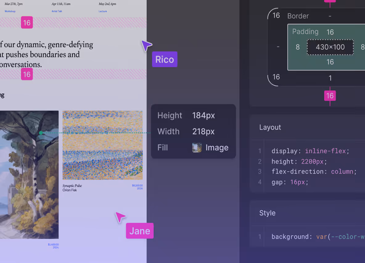 Interface showing design measurements, padding, layout styles, and two labeled images named Rico and Jane.