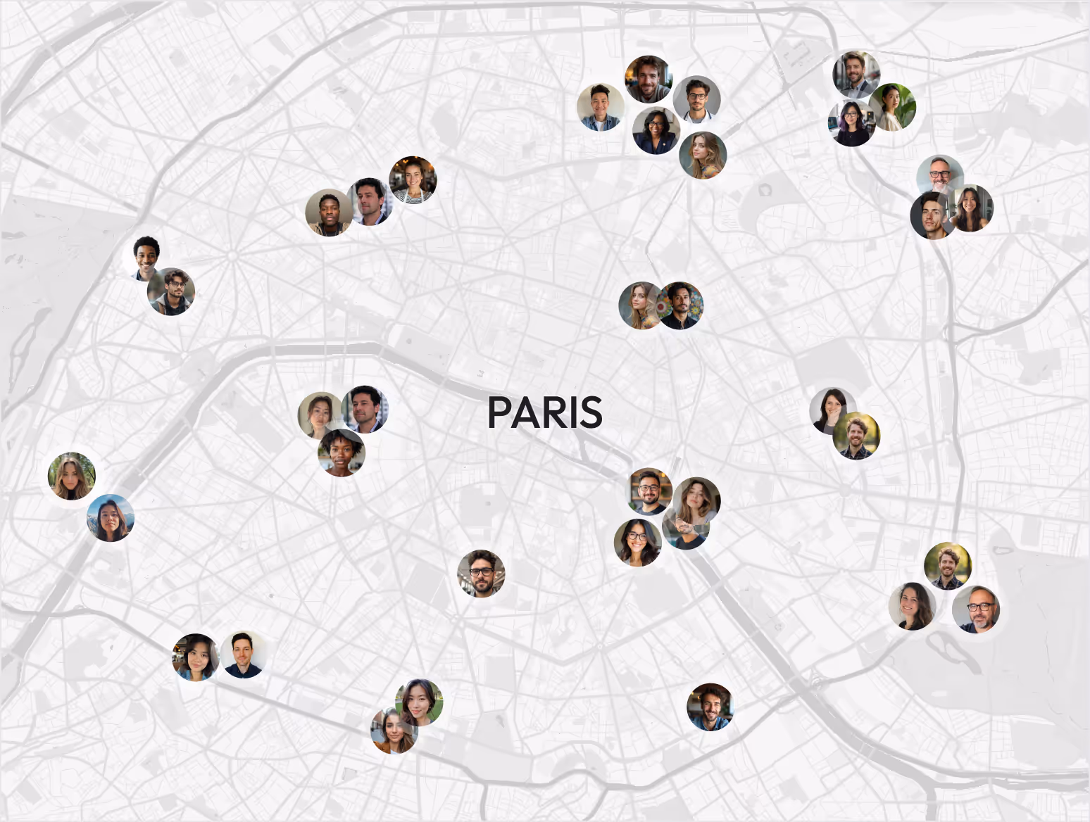 Carte gris clair de Paris avec des portraits ronds de personnes réparties sur la ville.