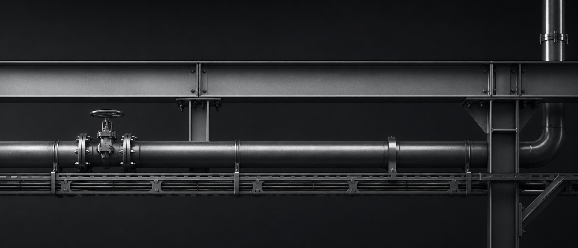 Industrial metal pipeline with a valve mounted on a steel support structure against a dark background.
