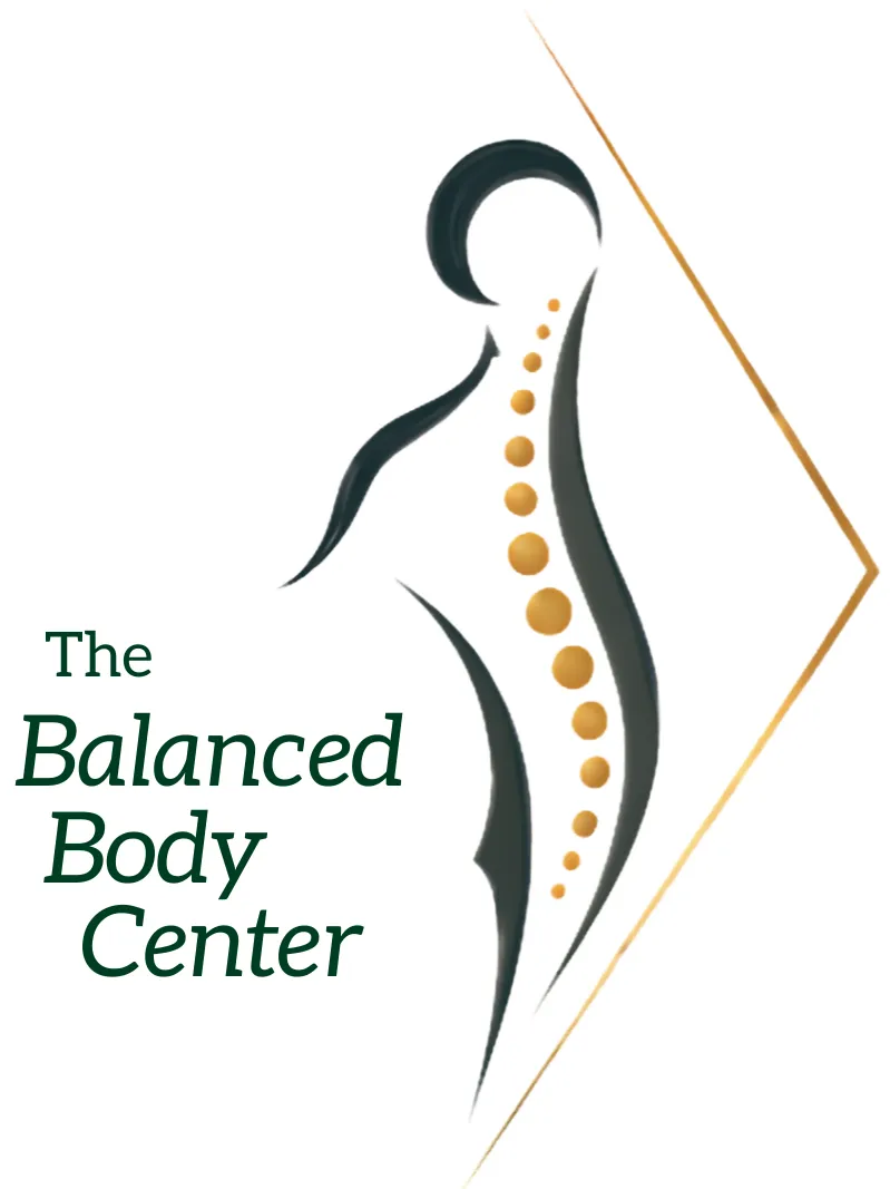 Logo of The Balanced Body Center with a stylized human figure and spine dots inside a gold diamond shape.
