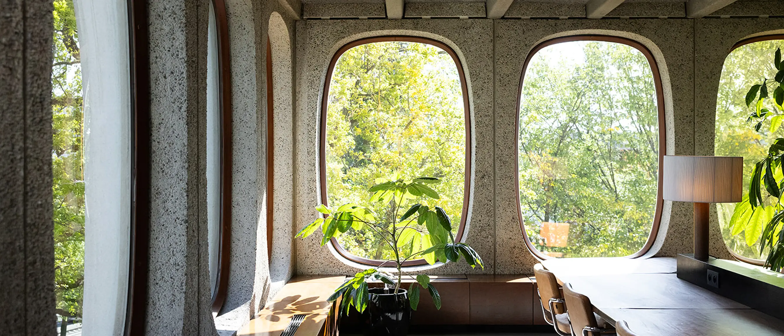 Indoor workspace with large rounded windows, plants, a table, chairs, and a lamp by green trees outside.