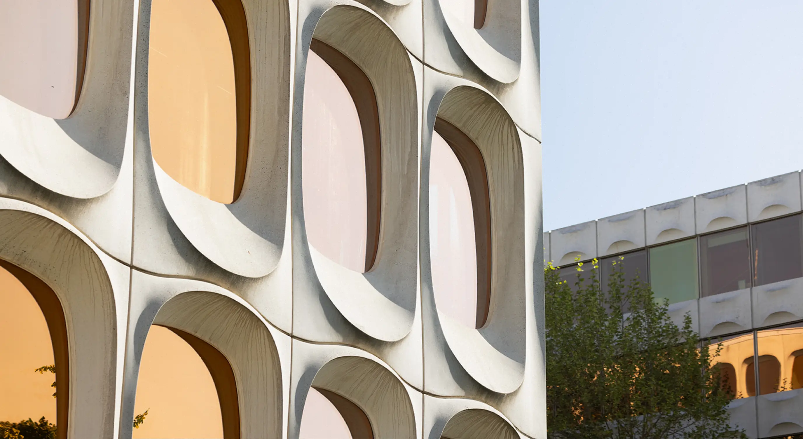 Modern building facade with rounded rectangular windows reflecting trees and sky.