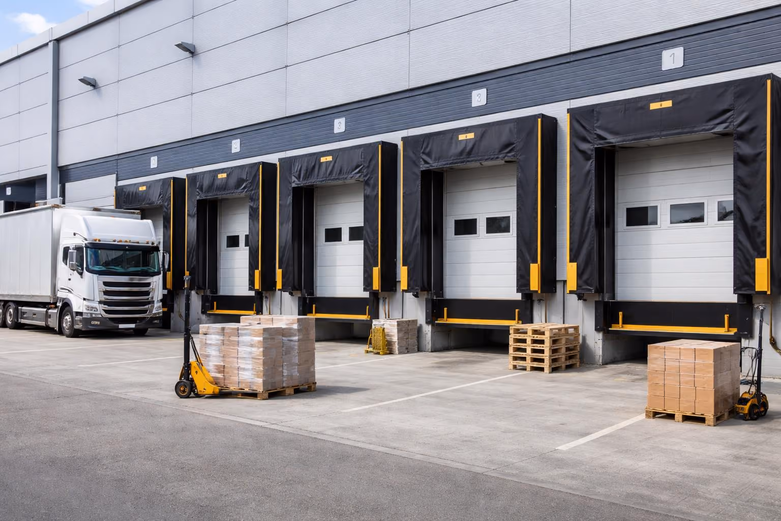 Loading dock area with a white truck, multiple closed doors, pallets, and pallet jacks on concrete ground.