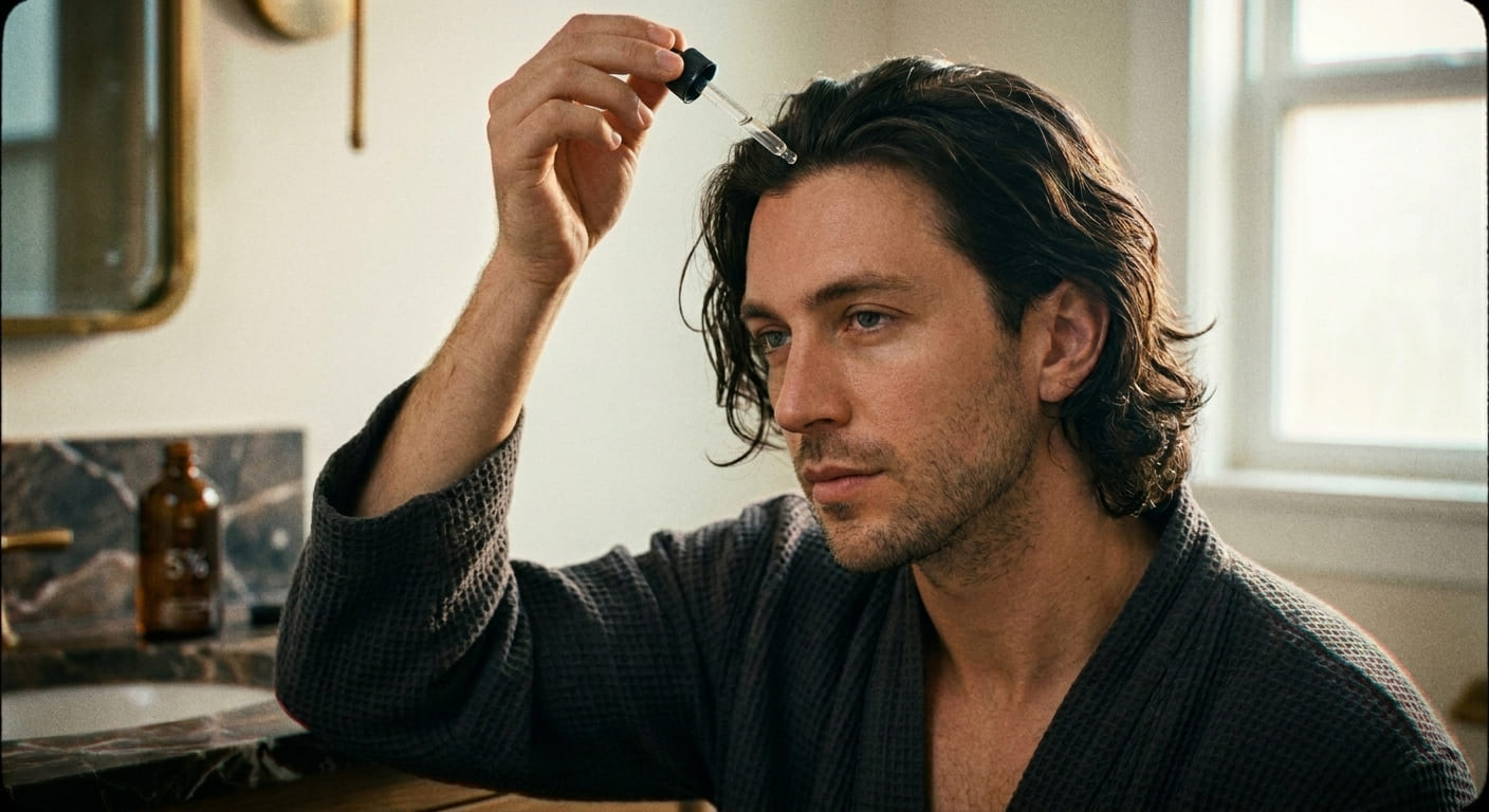 Illustration som visar korrekt applicering av minoxidil på hårbotten med benad hårsektion