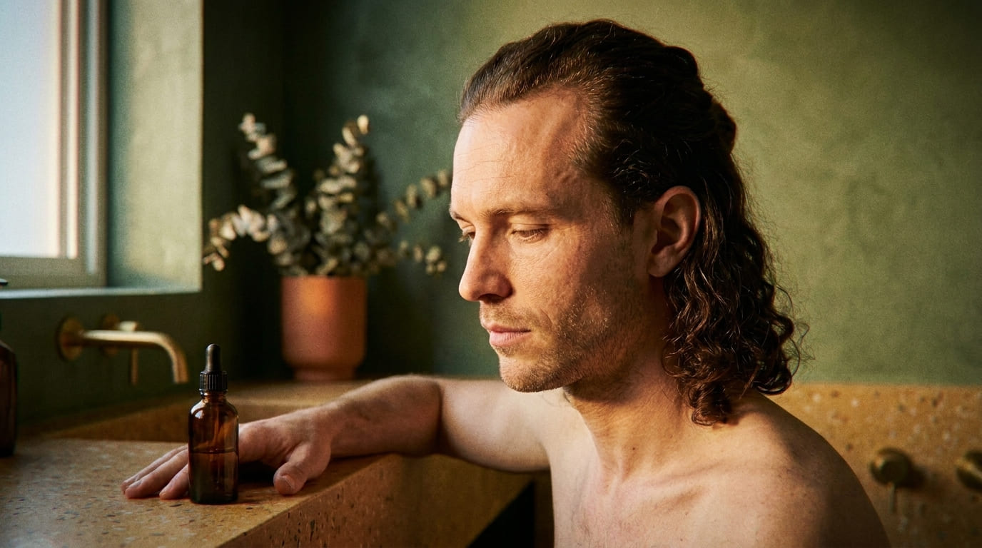 Fundersam person i badrummet som speglar beslutet att sluta med minoxidil efter en månads behandling mot håravfall.