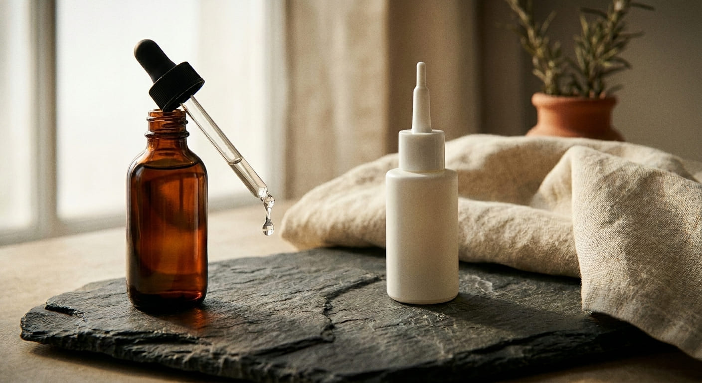 Vergleich von Redensyl-Serum und Minoxidil-Flasche zur Behandlung von Haarausfall