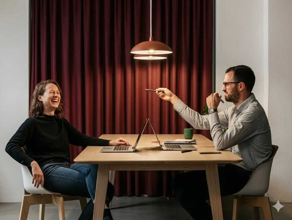 Two colleagues sitting across from each other at a table with laptops, one woman laughing and one man holding out a pen.