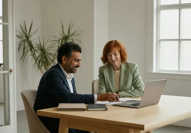 Two colleagues, a man and a woman, reviewing documents together at a desk with a laptop in a bright office.