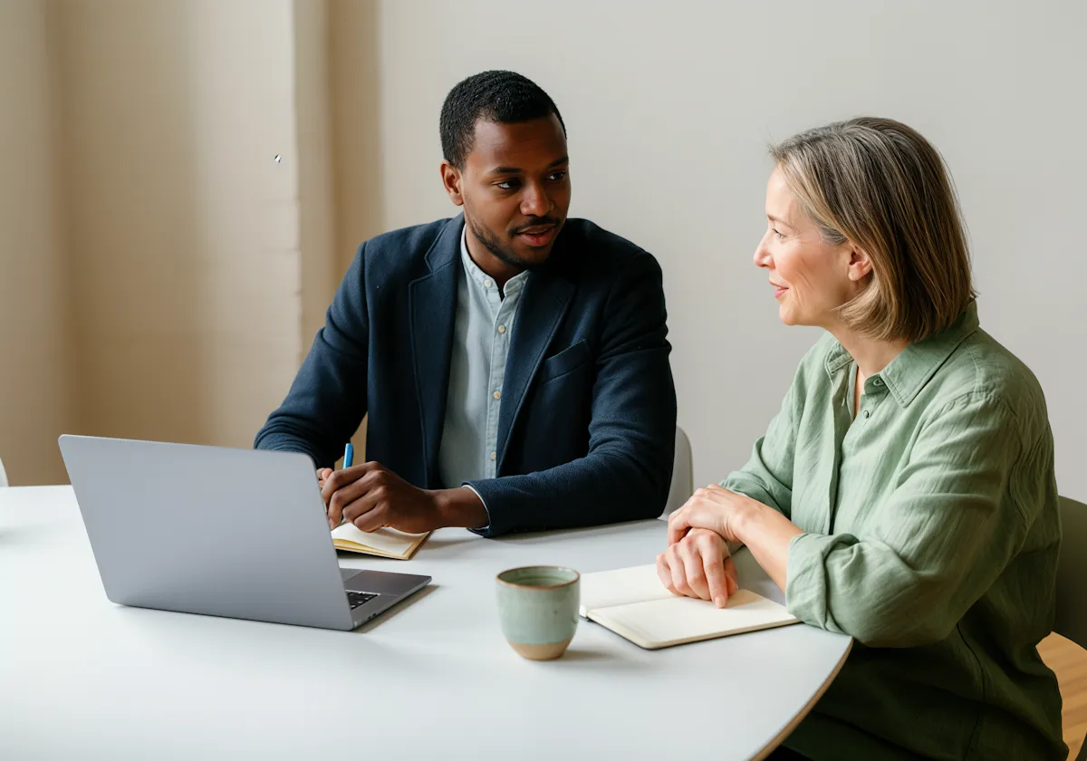 Two colleagues sitting at a white table having a discussion with a laptop and notebooks in front of them.