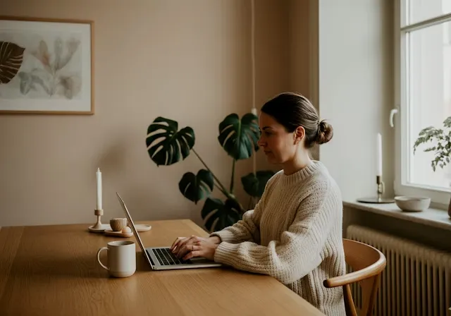 Woman in a beige sweater typing on a laptop at a wooden table with a mug, candle, and plant nearby in a cozy room.