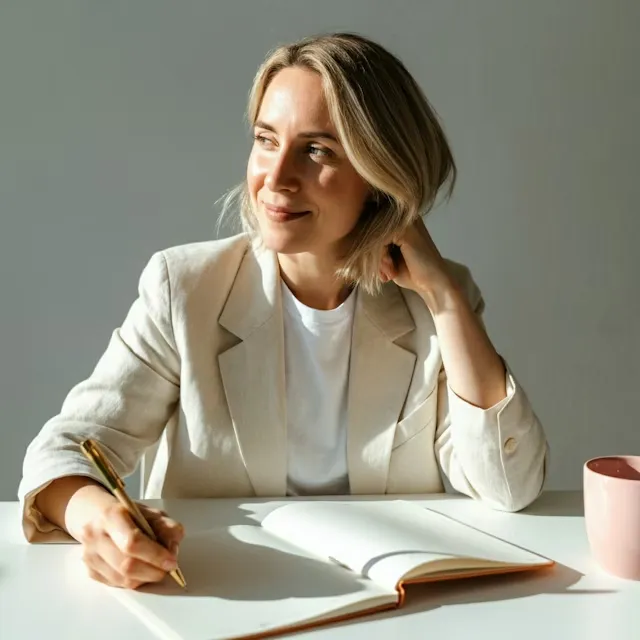 Smiling woman with blonde hair in a white blazer writing in an open notebook at a white table with a pink mug nearby.