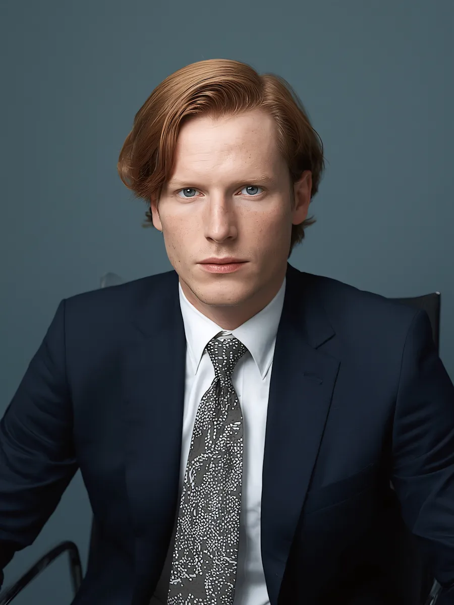 Portrait of a serious young man with light brown hair, wearing a dark suit, white shirt, and patterned tie, against a blue background.