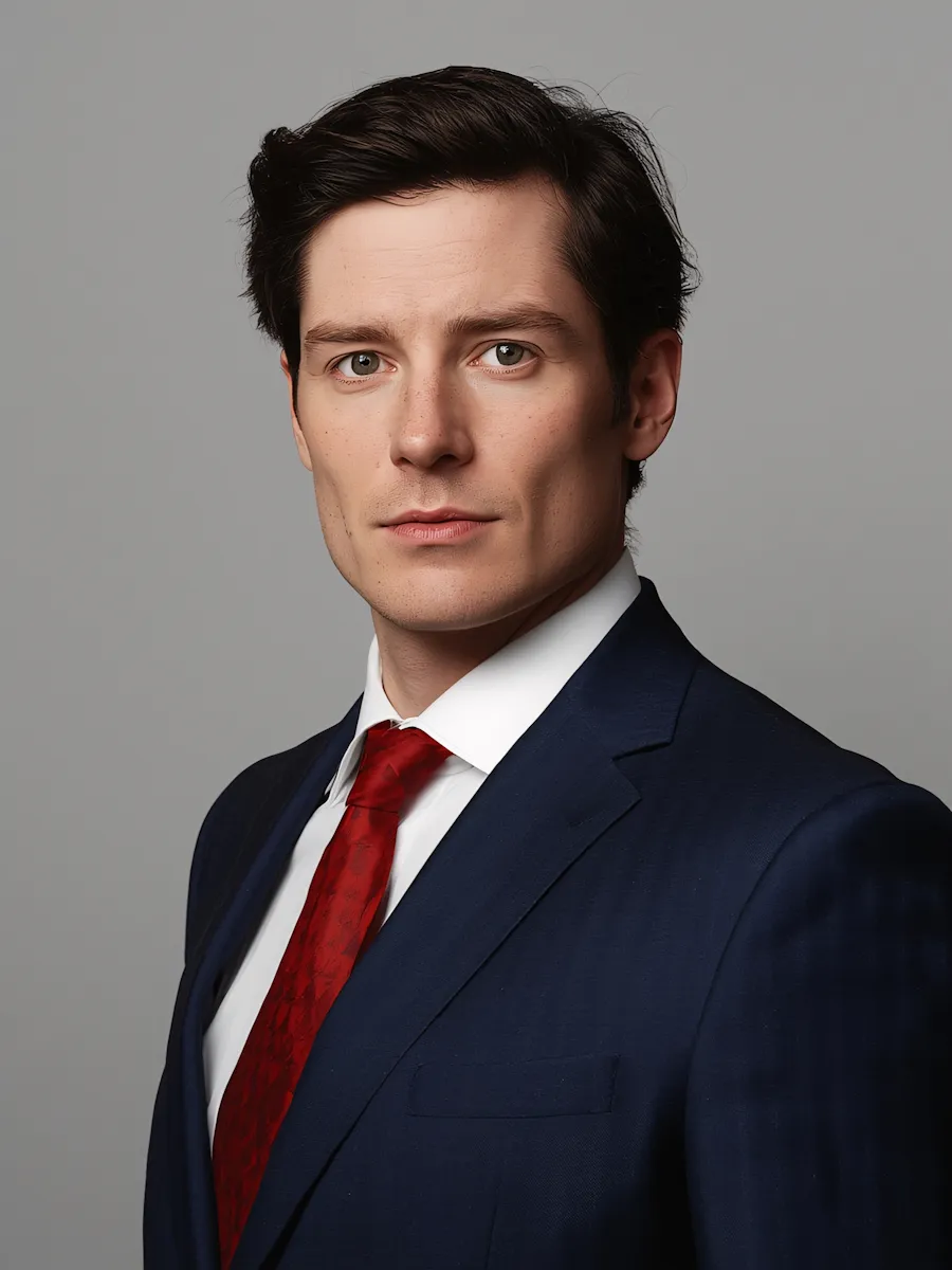 Professional portrait of a clean-shaven man with dark hair wearing a navy blue suit, white shirt, and red tie against a gray background.