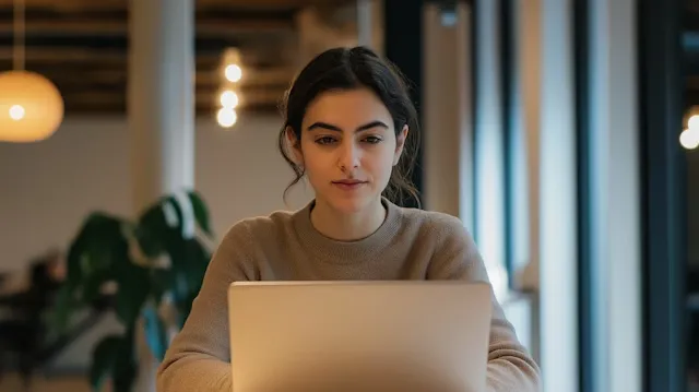 Young woman working on a laptop in a modern, softly lit office with large windows.
