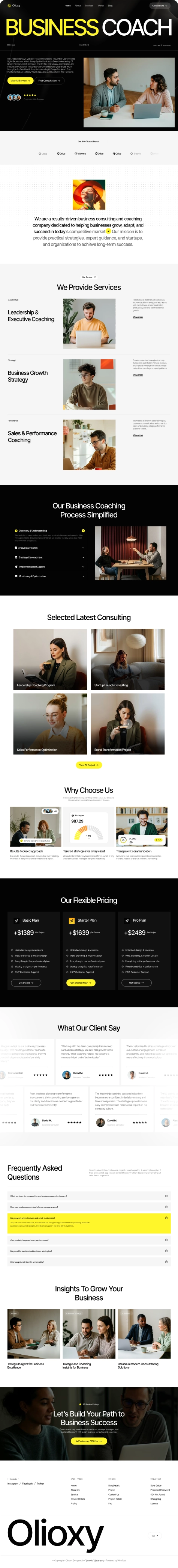 Business coach website homepage featuring consulting services, client testimonials, pricing plans, and business growth insights.