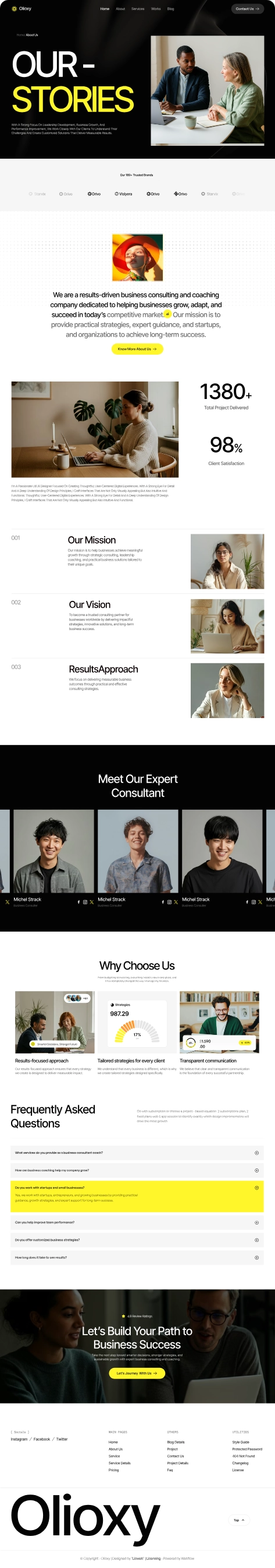 Website page titled 'Our Stories' featuring business consulting content, images of diverse professionals collaborating, and sections on mission, vision, expert consultants, and FAQs.