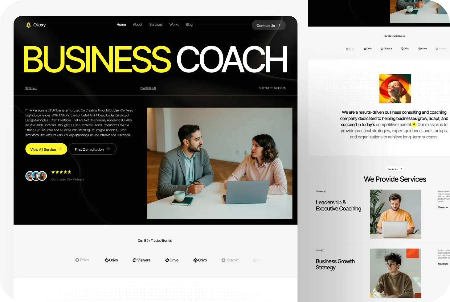 Business coach website homepage with navigation, large yellow and white BUSINESS COACH text, service buttons, client testimonial, photo of man and woman consulting, and trusted brand logos.
