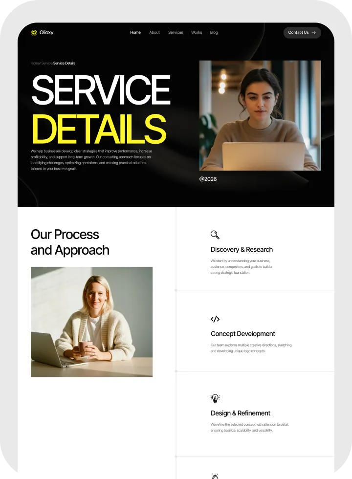 Website page titled Service Details with sections Our Process and Approach, including images of two women working with laptops and descriptions of discovery, concept development, and design refinement steps.
