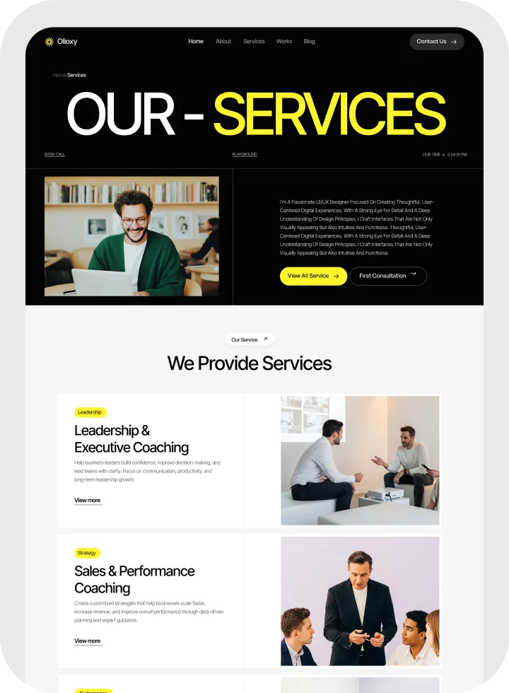 Website page showing Olioxy's services with a header featuring a smiling man with glasses using a laptop, and sections detailing Leadership & Executive Coaching with two men talking, and Sales & Performance Coaching with a man in a suit addressing colleagues.