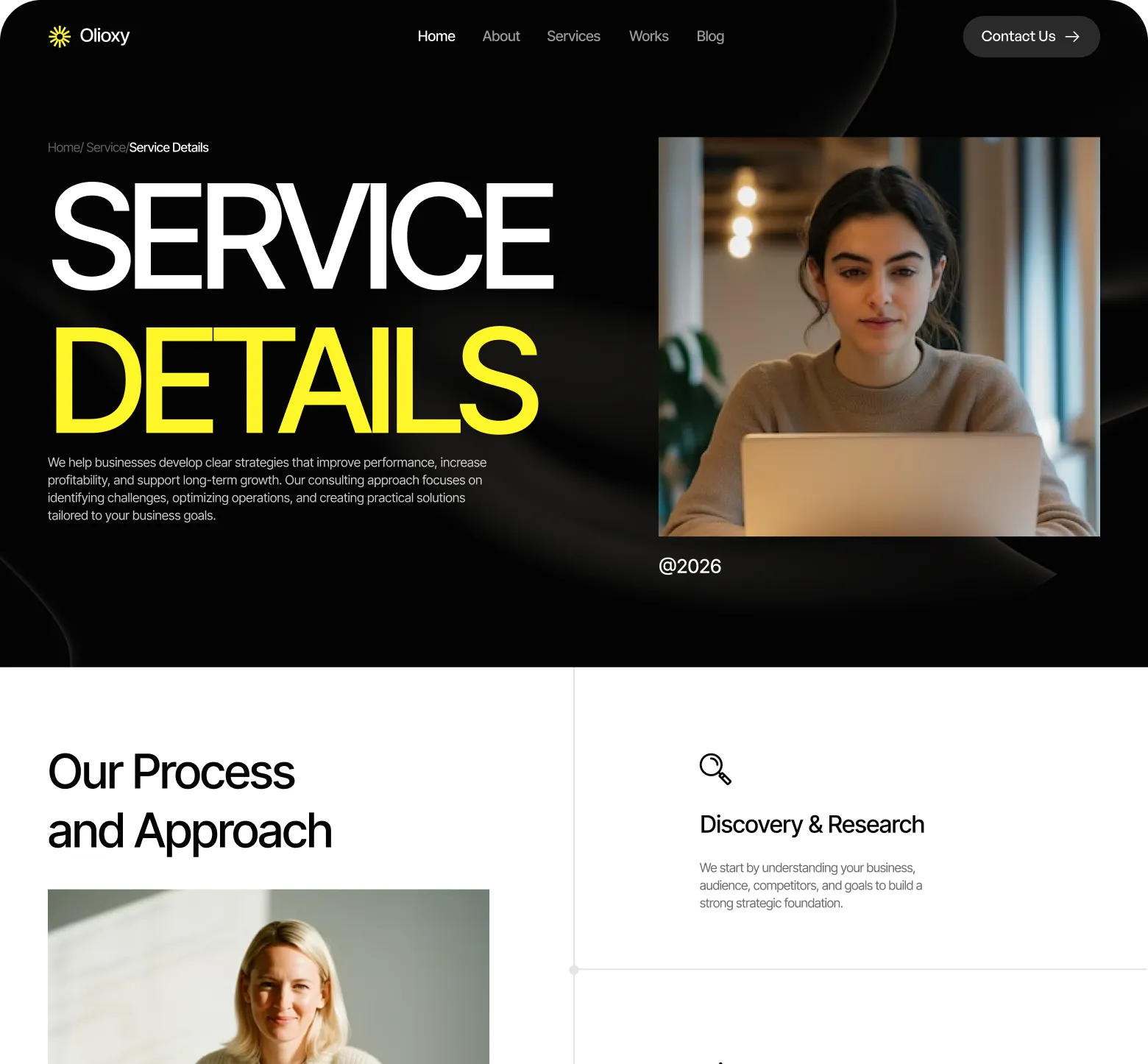 Website service details page with text about business strategy and consulting, showing a woman focused on a laptop in a modern office.