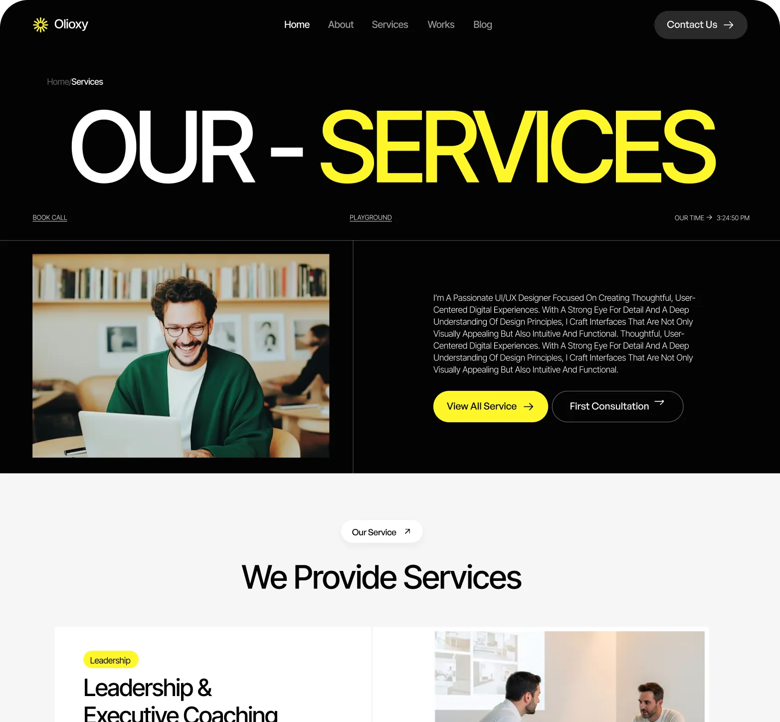 Website service page showing a smiling man working on a laptop and text about UI/UX design services with buttons for viewing all services and scheduling a consultation.