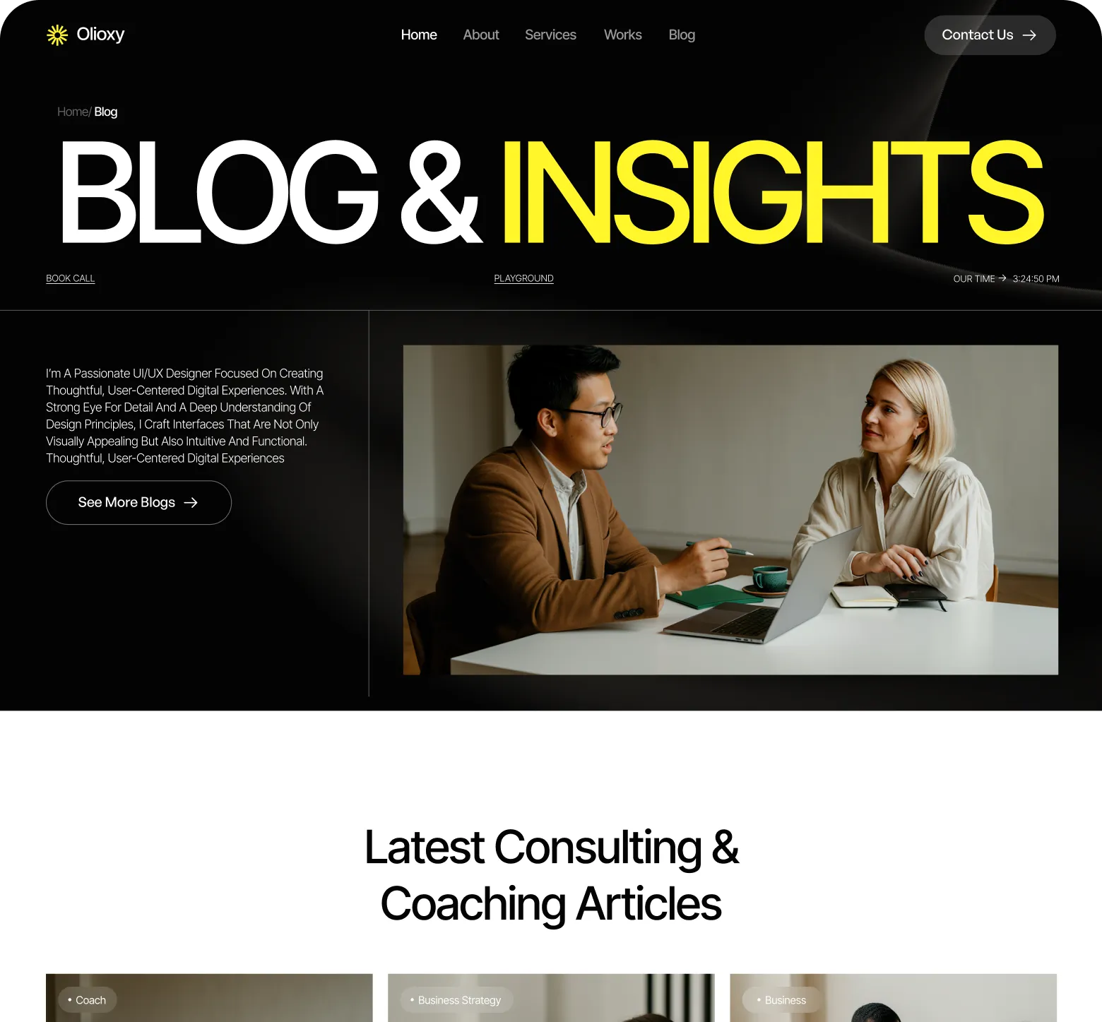 Website blog page for Olioxy featuring a section titled Blog & Insights, with an image of a man and woman discussing at a table with a laptop, and a description of a UI/UX designer’s focus on creating thoughtful, user-centered digital experiences.