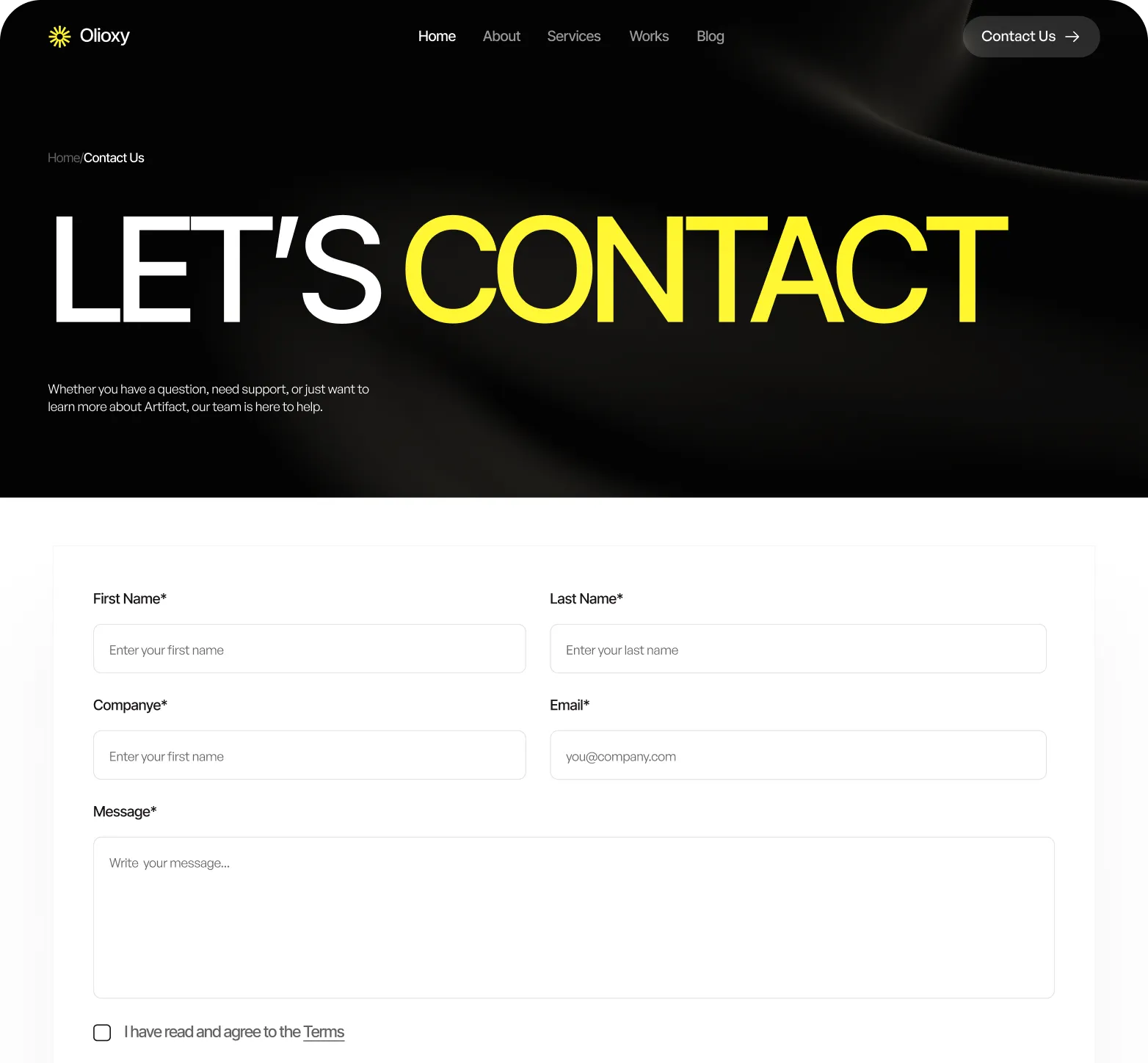Contact page with large text 'LET'S CONTACT', a message about support, and a contact form for first name, last name, company, email, and message input fields with terms agreement checkbox.