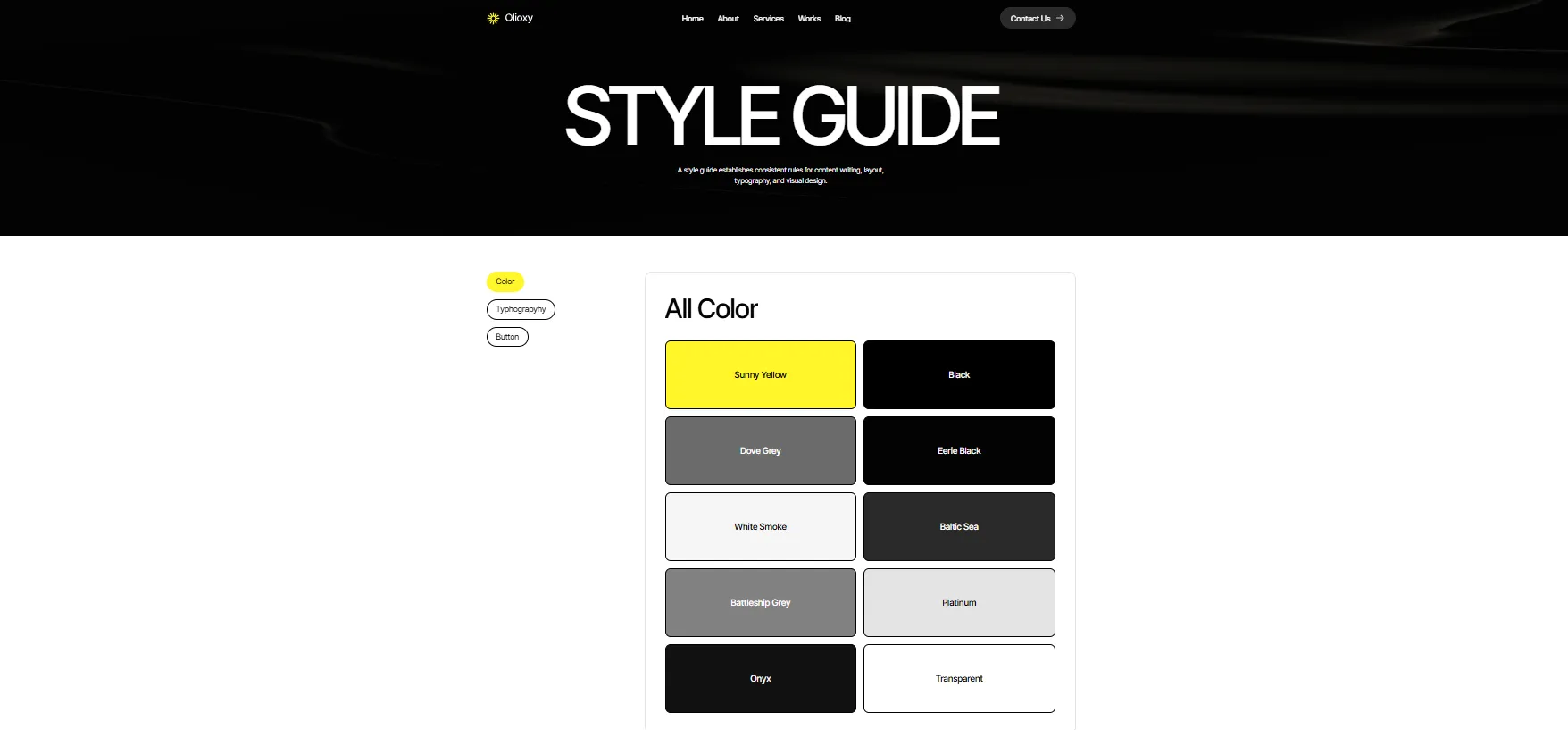 Style guide webpage showing a black header with navigation and a color palette section with colors Sunny Yellow, Black, Dove Grey, Eerie Black, White Smoke, Baltic Sea, Battleship Grey, Platinum, Onyx, and Transparent.