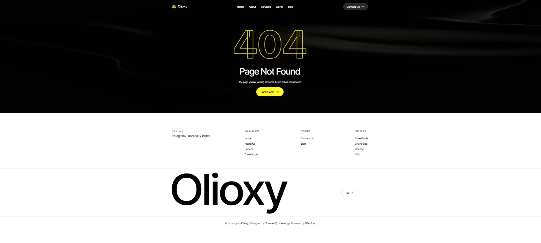 Website 404 error page with text 'Page Not Found' and a button to go back home on a black background.