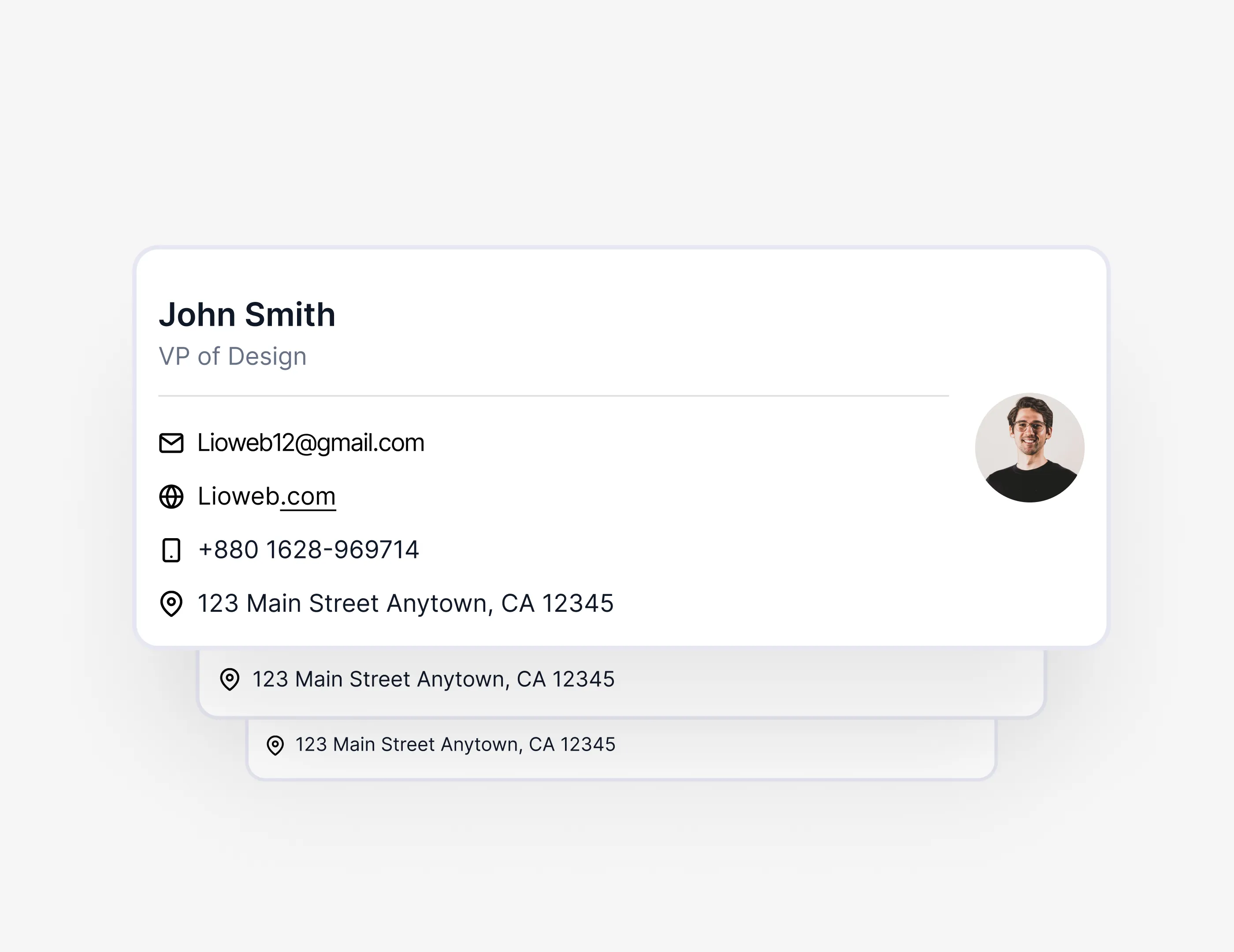 Contact card for John Smith, VP of Design, with email, website, phone, and address details, and a profile photo.
