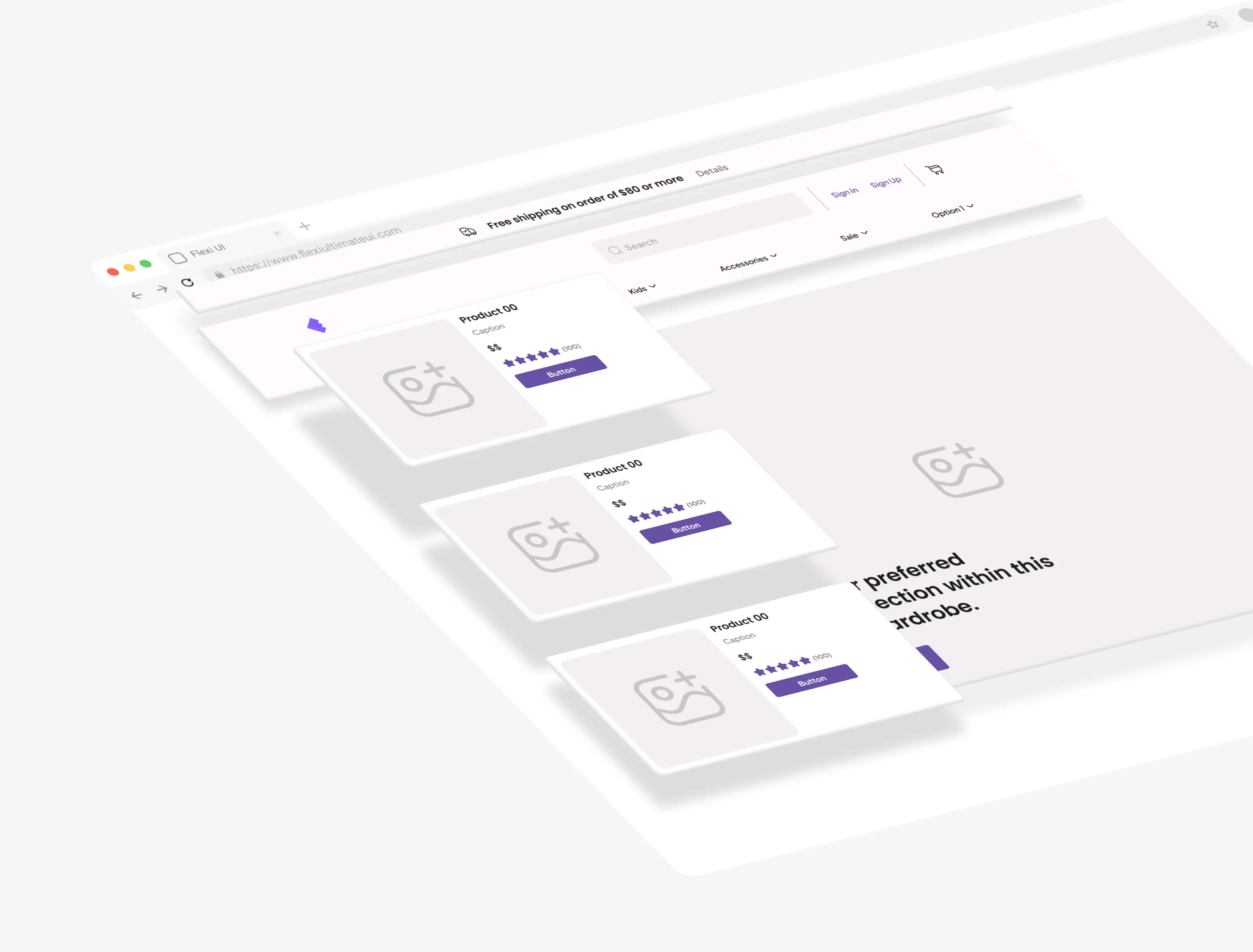 3D layered website interface showing product cards with placeholder images, ratings, and buttons over a navigation bar with search, sign-in, and cart icons.
