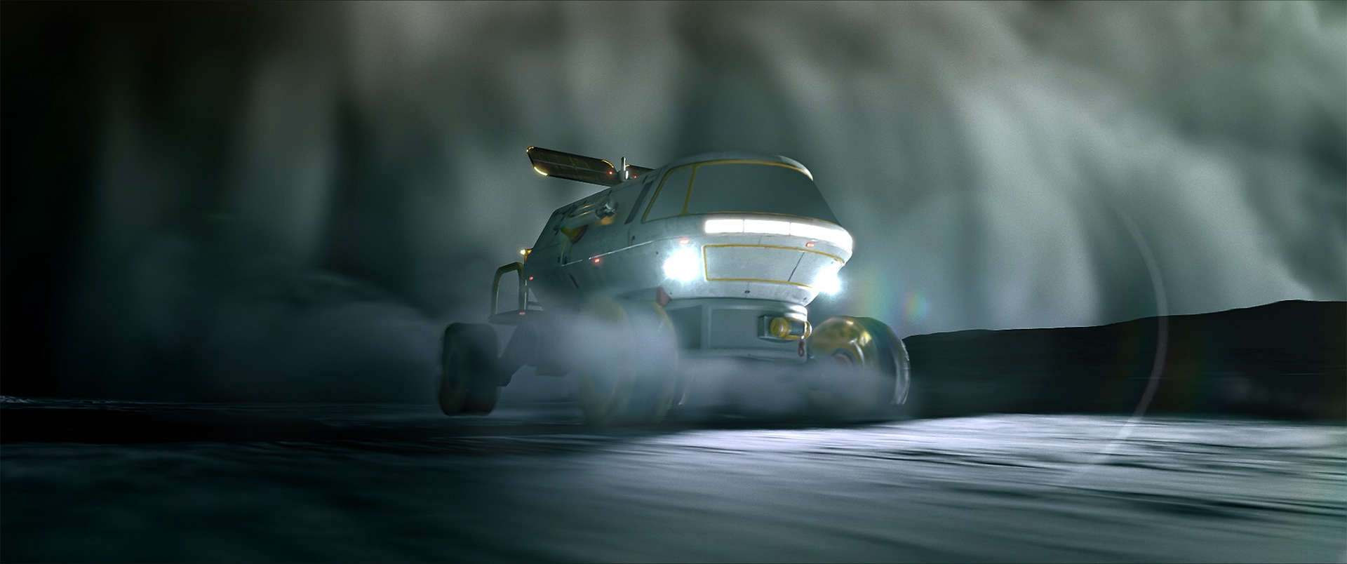 Futuristic rover vehicle with headlights on, moving through a foggy or dusty terrain at night.