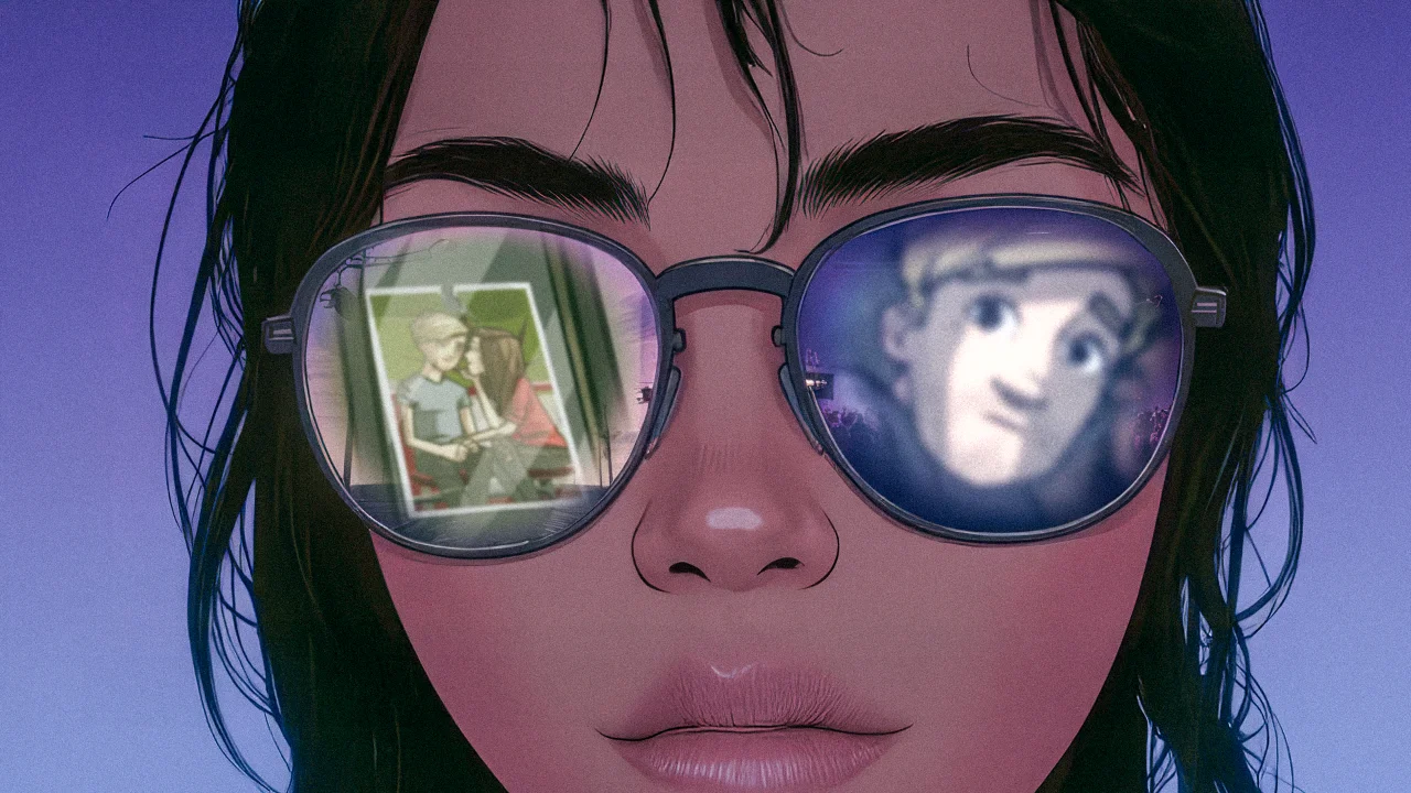 Close-up of a person wearing reflective sunglasses showing two cartoon faces in the lenses.
