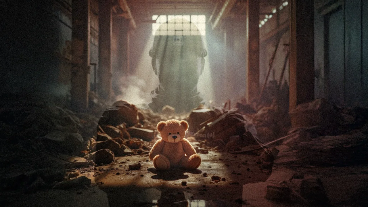 Teddy bear illuminated in rubble; ghosted image of person in helmet behind in dim light.
