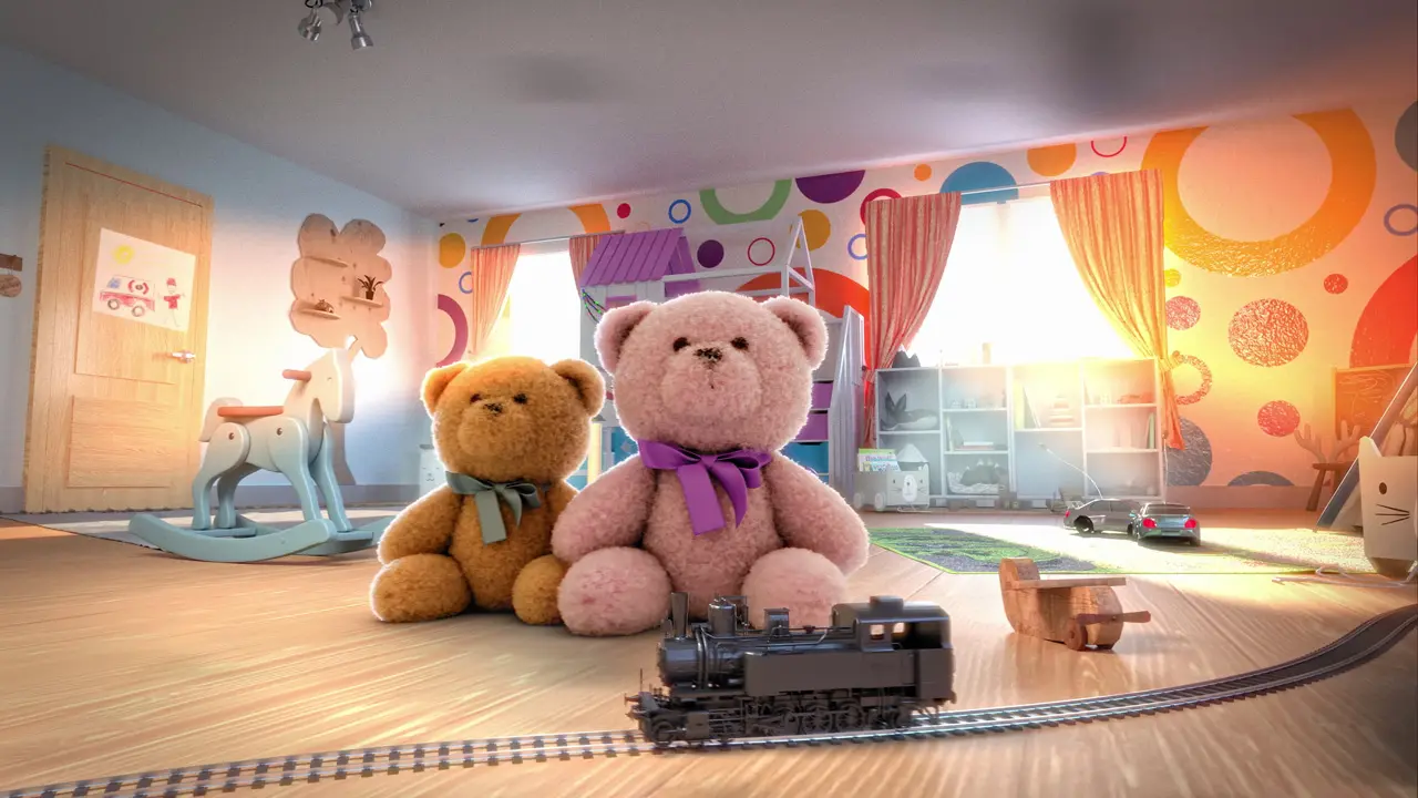 Two teddy bears with bows sit on a wooden floor near a toy train track and rocking horse in a colorful room.