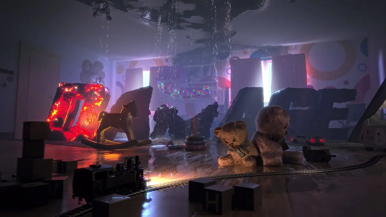 Children's playroom with toys, train set, two teddy bears, and water leaking from the ceiling.