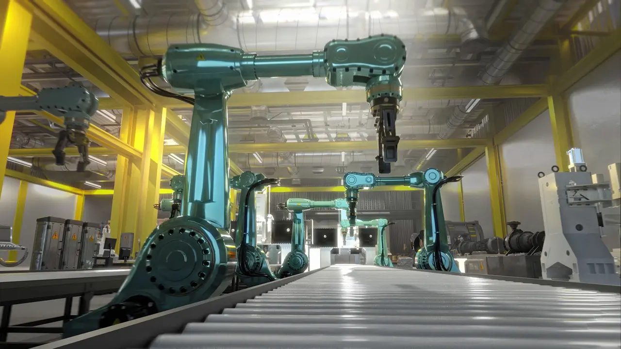 Robotic arms working above a conveyor belt inside a modern automated factory with yellow beams.