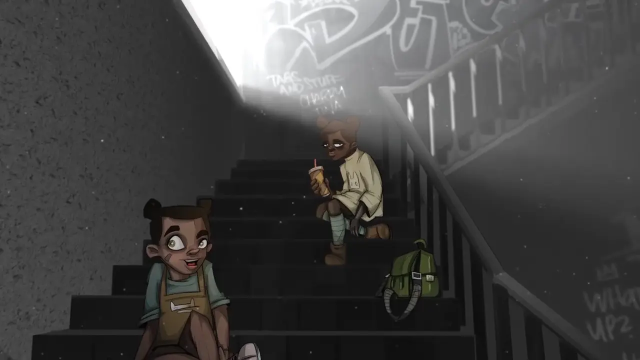 Two animated girls with buns sitting on dark stairs, one holding a cup with a straw, graffiti on walls.