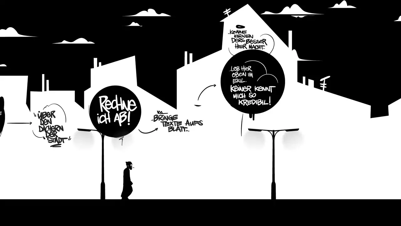 Black and white cityscape with a silhouette man walking under speech bubbles with German text.