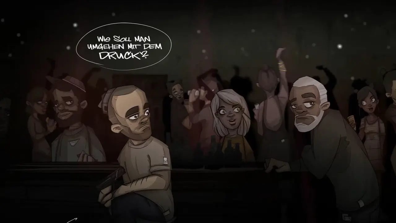 Cartoon man holding a gun at a bar, with others dancing and a speech bubble in German above him.