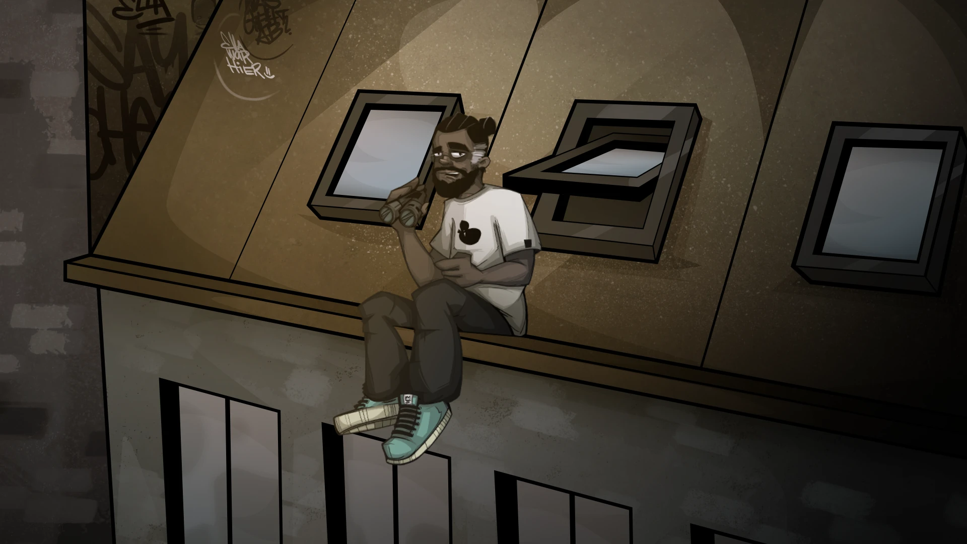 Cartoon man with beard and bun sitting on rooftop ledge holding binoculars near open window.