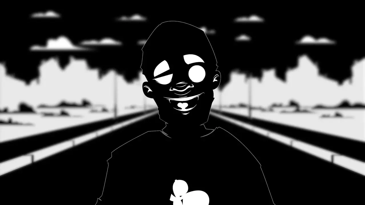 High-contrast black and white animation of a smiling person with stylized facial features on a road.