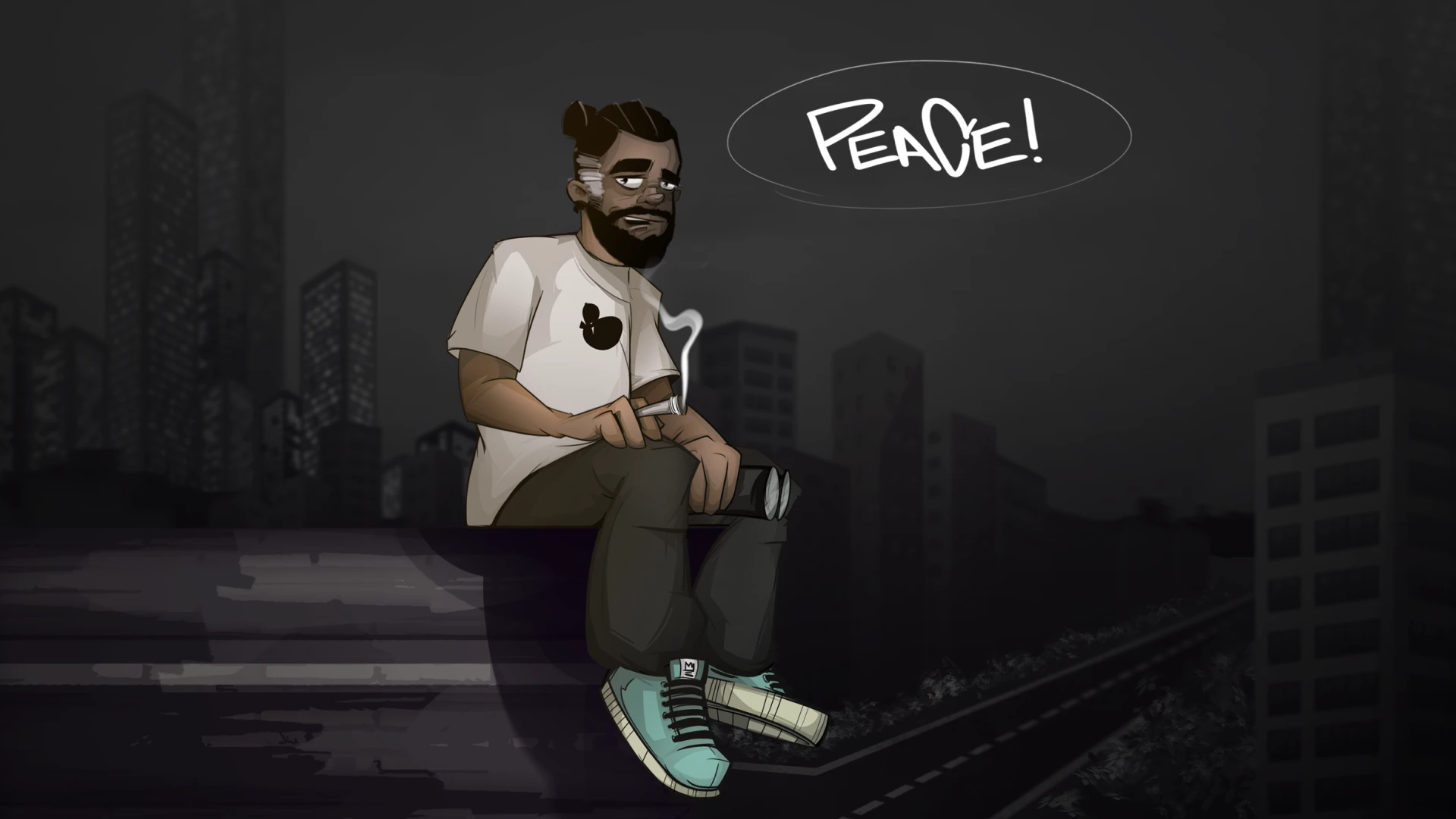 Cartoon man with beard and bun sitting on wall at night, smoking, with 'PEACE!' in speech bubble.
