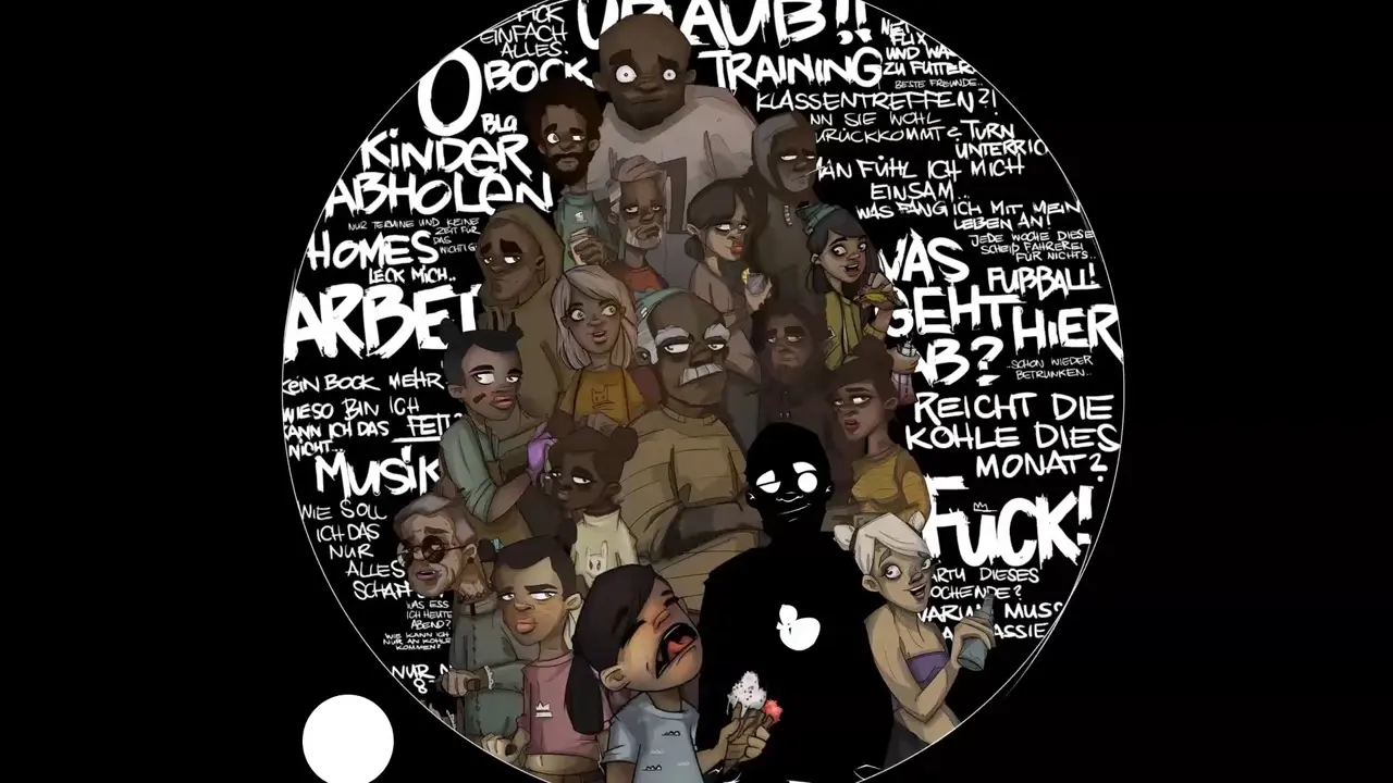 Cartoon group of diverse people with various expressions inside a circle filled with German words and phrases.