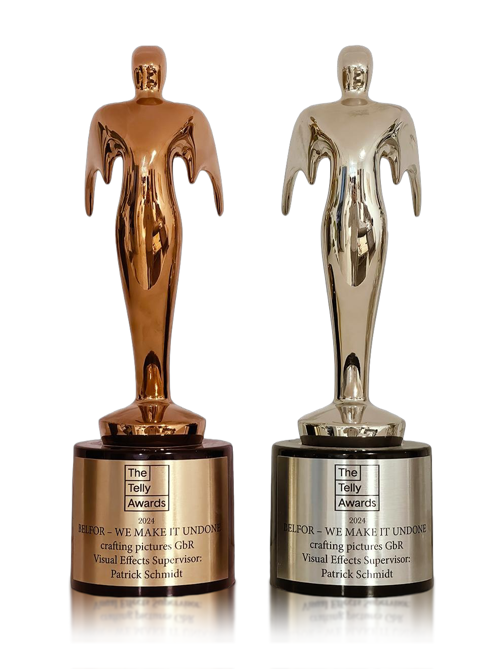 Bronze and silver Telly Awards trophies for visual effects by Patrick Schmidt, 2024.