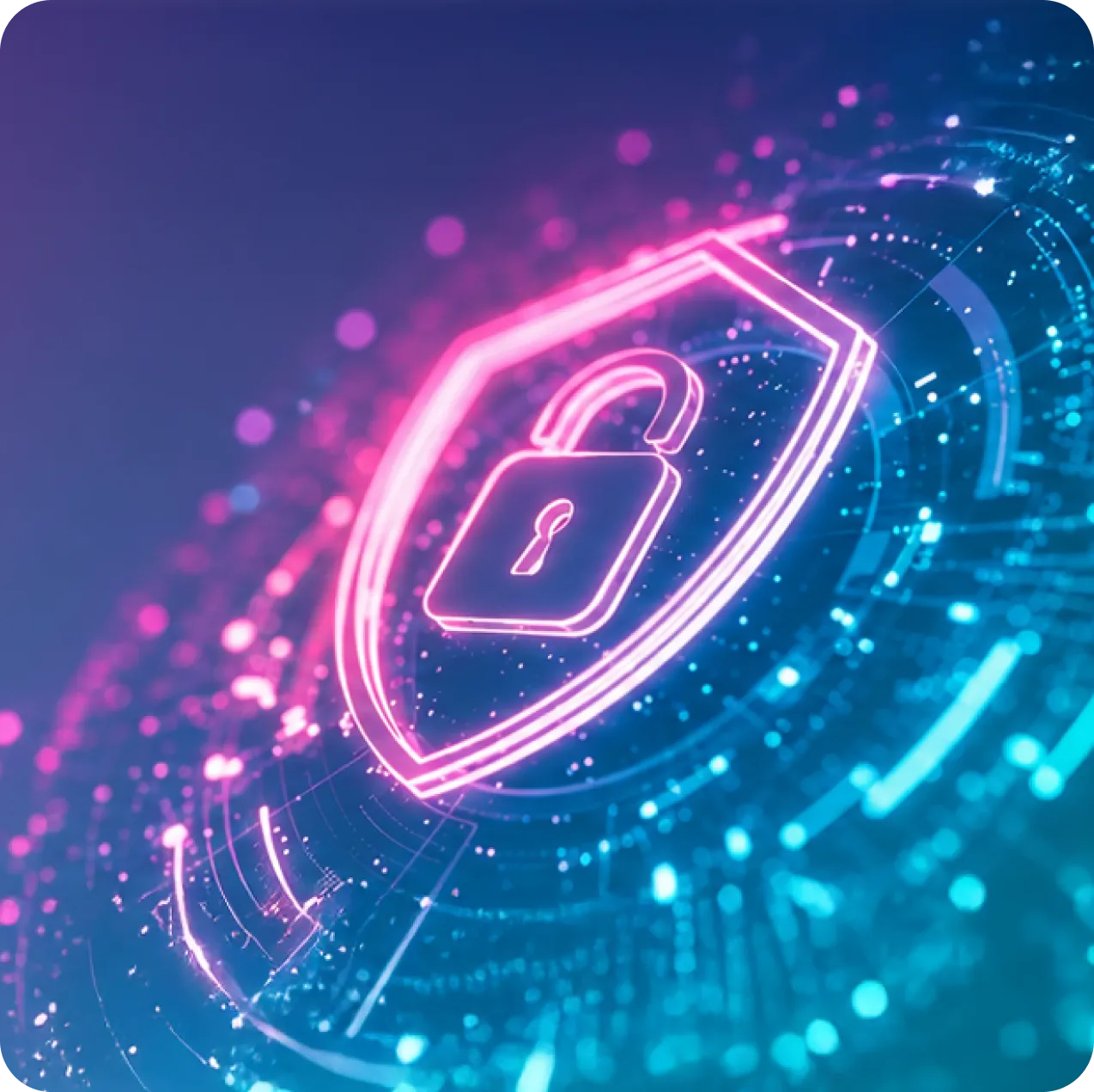 Glowing neon pink shield with an unlocked padlock icon against a digital blue background.