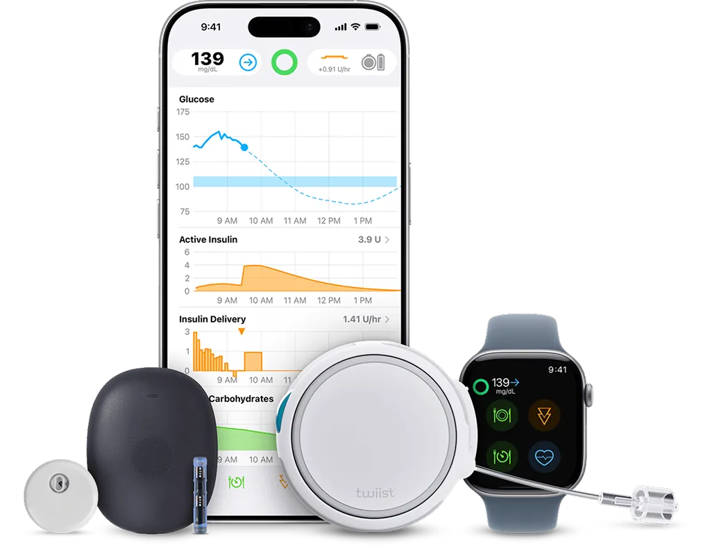Diabetes management devices with glucose monitor app, insulin pump, and smartwatch showing glucose levels.