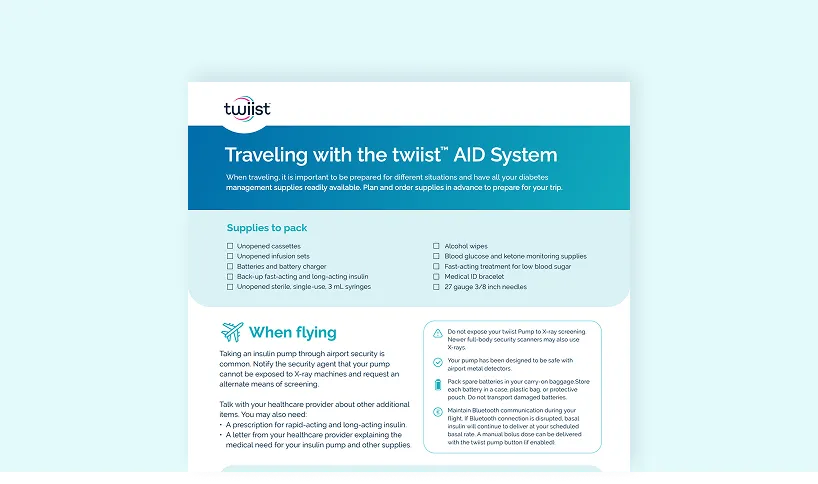 Guide from twiist on traveling with diabetes supplies, packing list, and flying tips for insulin pump users.