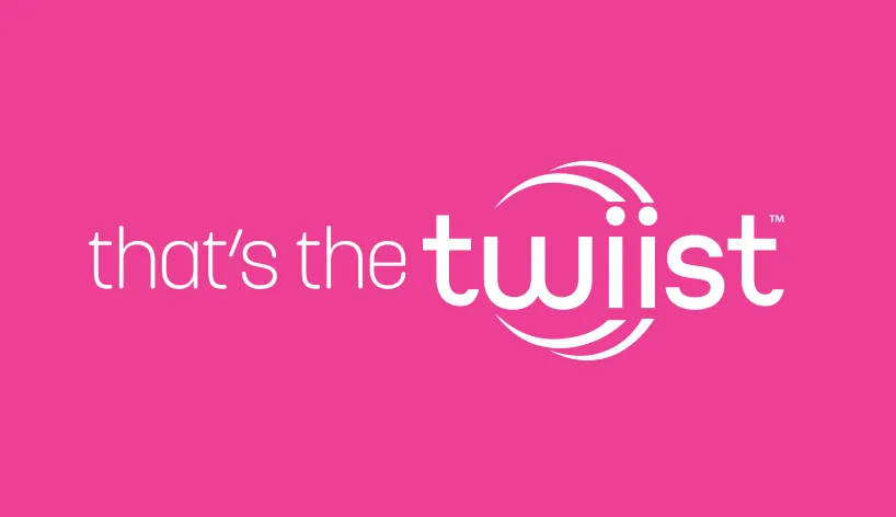 White text logo reading 'that's the twiist' on a bright pink background.
